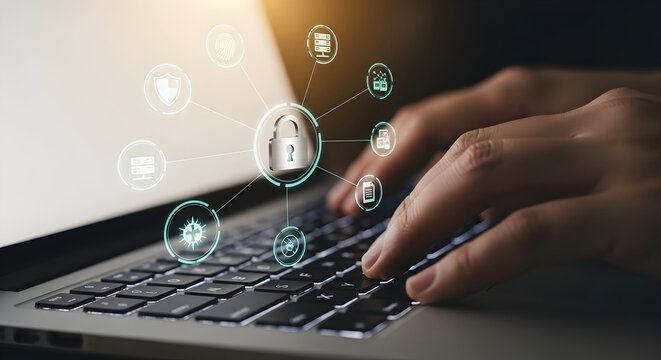 Cybersecurity Concept with Digital Lock and Network Icons Over Laptop Keyboard.