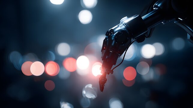 Metallic robotic arm performs a precise task against a background of blurred city lights