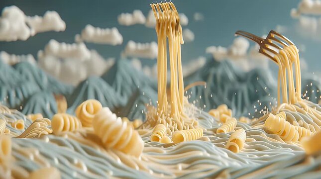 Creative Visualization of Flowing Pasta in an Artistic Landscape with ai generated