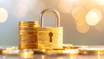 Padlock with golden coins in the background, highlighting security, wealth management, and money safety.
