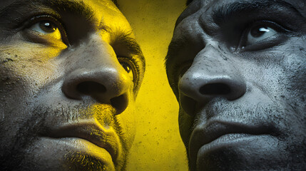 Confrontation of Minds: An artistic black and white image displays the close-up faces of two determined figures, their eyes locked in a silent yet powerful confrontation, symbolizing struggle.
