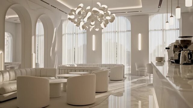 A serene modern living space featuring a minimalist coffee nook with a stunning chandelier suspended above, seamlessly blending into a large white room filled with chairs tables and a sleek.