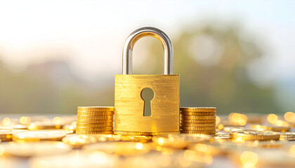 Golden padlock placed among stacks of coins, symbolizing financial security, savings protection, and wealth safety.