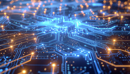 Fototapeta premium Blue and orange electronic circuitry showing data flow, connectivity, and advanced computing technology.