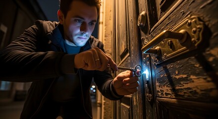 A man using a flashlight to inspect and unlock a door with an old-fashioned handle in a dimly lit environment, demonstrating security or maintenance activity