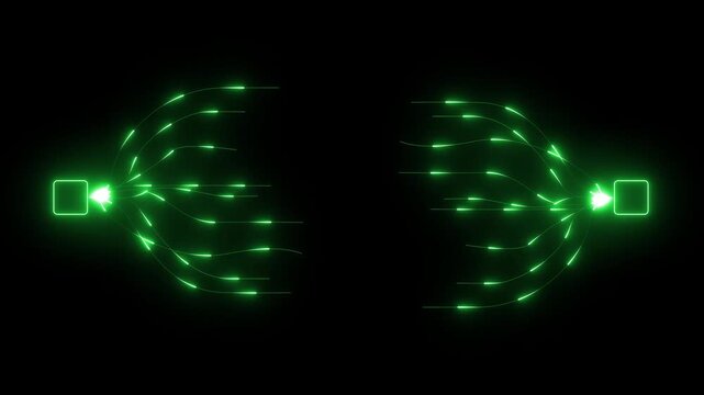 Two Symmetrical Networks of Glowing Green Lines and Square Nodes technology connection