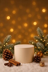 Warm Christmas candle and home fragrance podium with pine cones and glowing festive ambiance