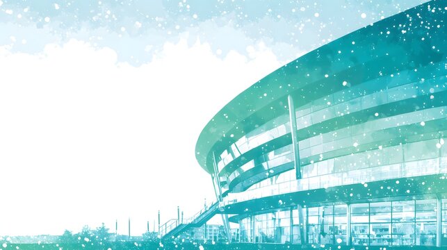 Modern curved architecture glows with cool teal and white tones under falling snow