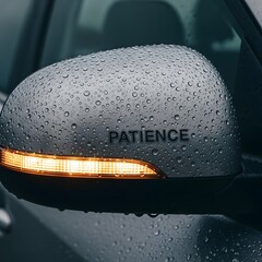 A close-up of a car side mirror covered in raindrops with the word 'PATIENCE' inscribed on it, highlighting a calm and reflective moment during rainy weather