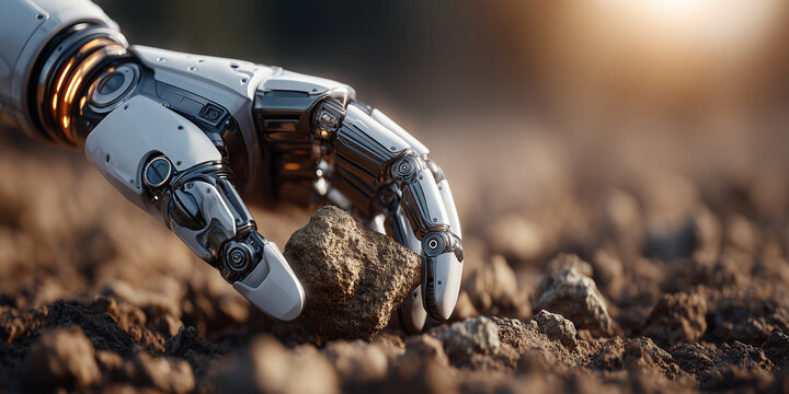 Robotic hand extracting rare earth minerals for green tech innovations industrial site macro shot futuristic environment