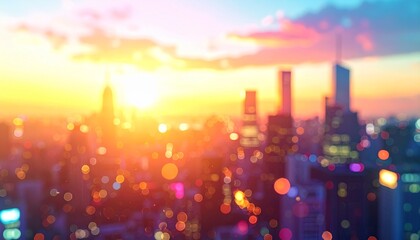 Abstract blurred cityscape background with vibrant bokeh lights during a golden hour sunset, creating a dreamy urban panorama
