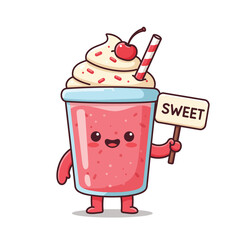 Charming cartoon strawberry milkshake mascot with whipped cream, cherry, and a sweet sign, representing delightful treats