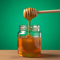 A jar of golden honey with a honey dipper dripping honey into the jar against a vibrant green background