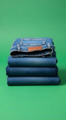 A neatly folded stack of denim jeans placed against a vibrant green background, showcasing casual fashion and clothing organization