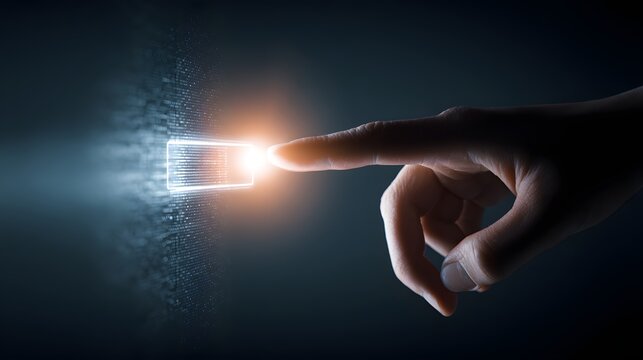 Human finger touches glowing digital interface element with intense light emission - Powered by Adobe