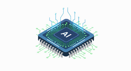 Isometric 3D vector icon of AI microchip with glowing circuit lines