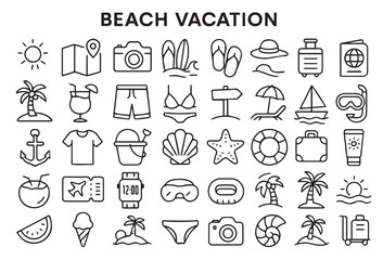Beach Vacation Outline Icon Set. Summer Travel Elements and Seaside Holiday Line Icons, Isolated Vector Collection.