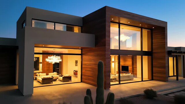 A modern two story home with sleek lines and clean design sits amidst a stunning desert landscape, its pool area and large patio offering a serene escape from the hustle and bustle of daily life.