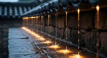 Close-up view of a traditional water feature with flowing water and illuminated droplets along a stone structure at dusk