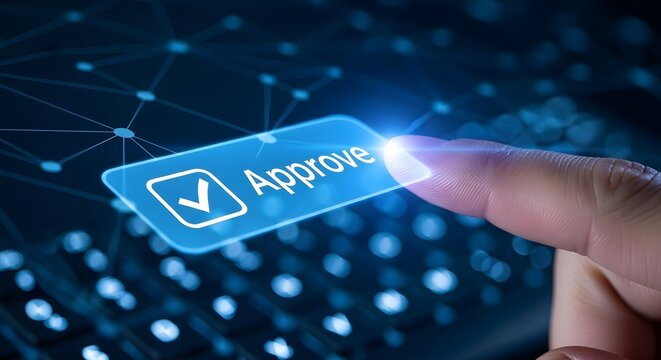 Digital Approval Button with Checkmark and Glowing Light. - Powered by Adobe