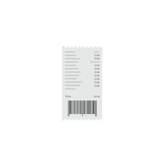 Flat vector illustration of a paper receipt with a barcode, symbolizing retail transaction, expenses, payment, and financial record.