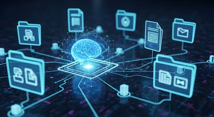Digital Brain and Data Files Connected in Network.