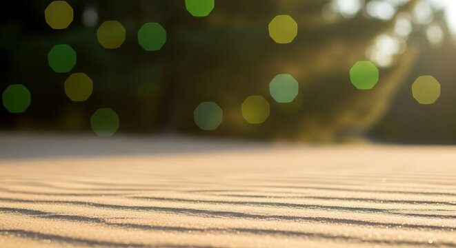 Wooden table with bokeh lights and blurred forest background in summer
