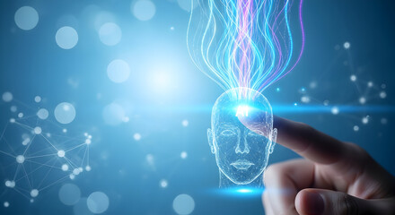 Digital Brain Concept - Human Head with Glowing Energy Streams and Abstract Network.