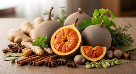 Assortment of Spices and Herbs with Bael Fruit.