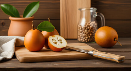 Fresh ripe loquat fruits whole and sliced on a wooden cutting board.