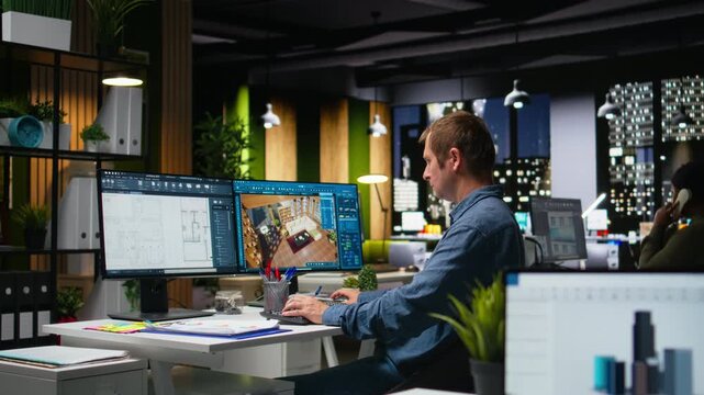 Male employee creates 3D render of an apartment interior using blueprints and architectural software. Computer aided tools and models to allow customization of flooring and layout. Camera A.