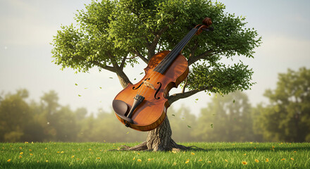 Violin leaning against a tree in a green field on a sunny day, nature