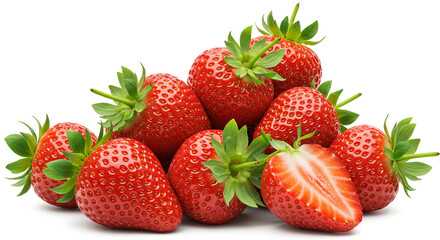 A pile of fresh strawberries, one cut in half