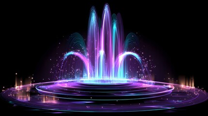 Fototapeta na wymiar Brightly illuminated digital fountain displays vibrant blue and magenta light streams against a dark background