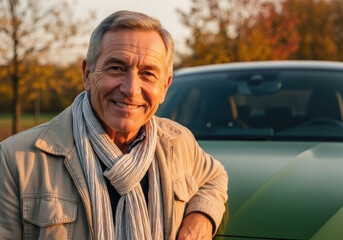Confident senior man smiling outdoors leaning on parked car in sunny autumn landscape, casual jacket and scarf, healthy aging and retirement lifestyle concept