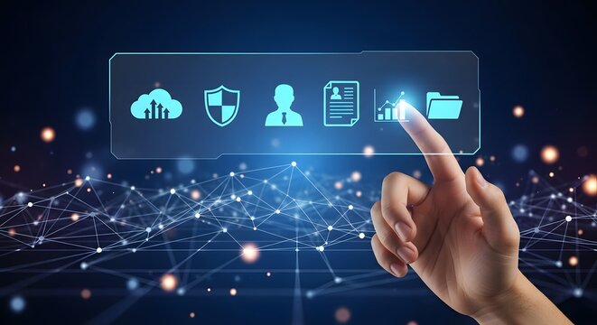 Digital Cloud Storage and Security Icons on Futuristic Interface.