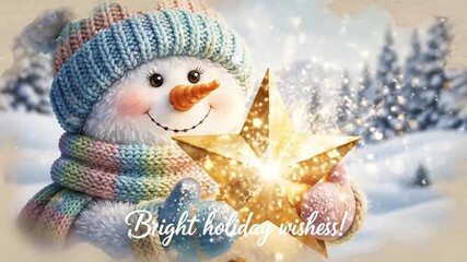 soft hand painted snowman character cradling a luminous star in pastel tones for a bright and tender seasonal greeting