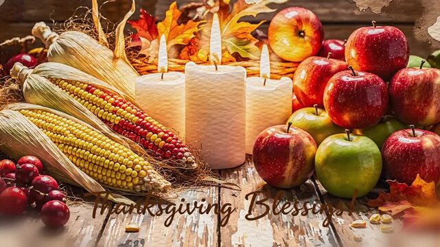 rustic watercolor table still life of corn apples and warm candles with flowing brush lines and thanksgiving blessings text