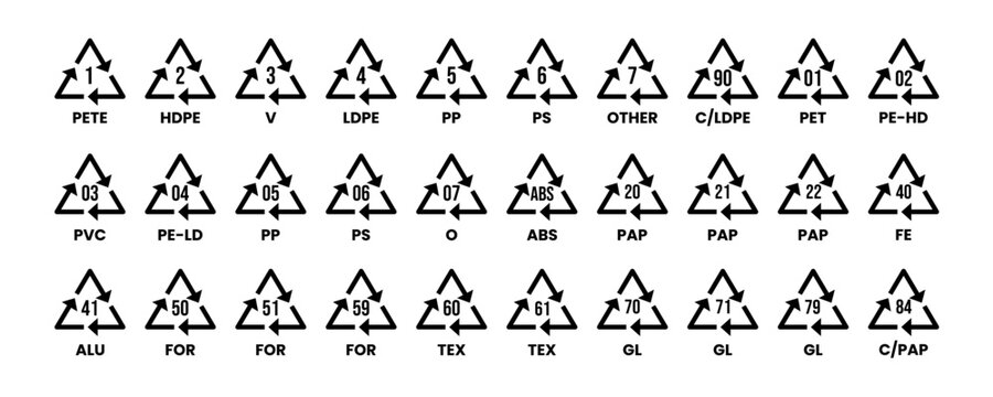 Recycling package vector icon set. Cardboard box marking with bio reduce triangle collection