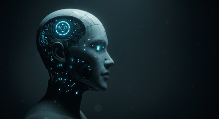 A humanoid robot head with glowing lights in a dark background