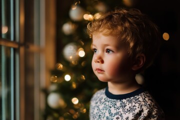 Young boy gazing out a window at Christmas tree lights, warm festive bokeh beside him, thoughtful holiday wonder and cozy evening atmosphere