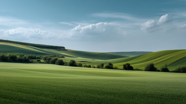 Rolling Hills under Blue Sky: Serene landscape of verdant hills stretches towards a tranquil horizon, the clear blue sky offering a sense of peace and natural beauty.