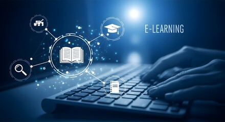 Digital E-Learning Concept with Online Education Icons and Keyboard.