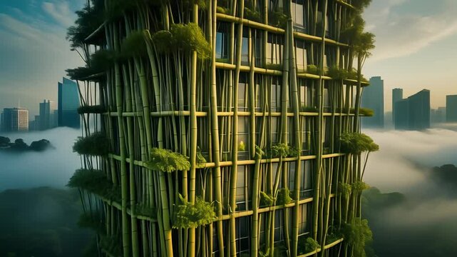A striking modern skyscraper with vertical gardens and lush greenery integrated into its facade, rising above a misty city skyline at dawn.