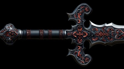 Ornate, elaborately detailed fantasy sword hilt and blade section displayed against a deep black background