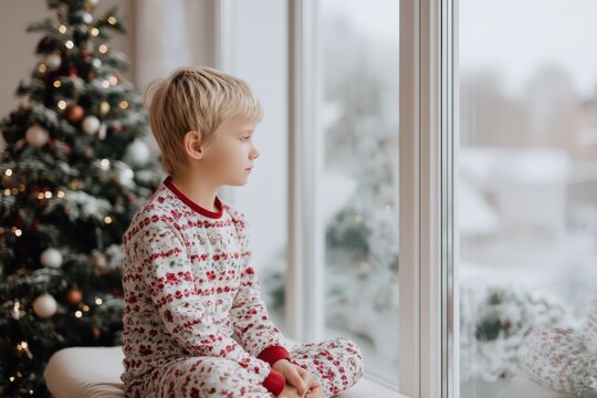 Young boy in festive pajamas sitting by a window, looking out while waiting for Christmas, with a decorated tree nearby - Powered by Adobe