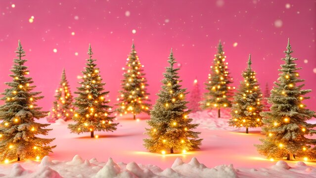 Winter landscape with pine forest, glowing lights, and snowfall