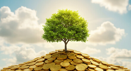 Green tree growing on pile of golden coins, symbolizing financial growth