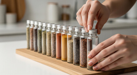 Hands lining up plain‑label seasoning bottles on a kitchen board