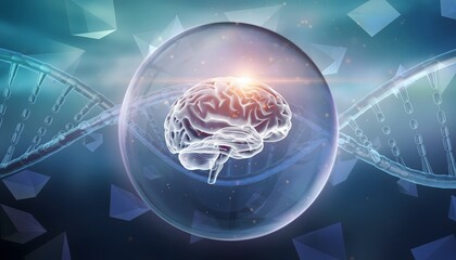 Floating Human Brain Enclosed Within a Transparent Sphere, Representing Cognitive Science, Intelligence Research, and Advanced Neurological Innovation